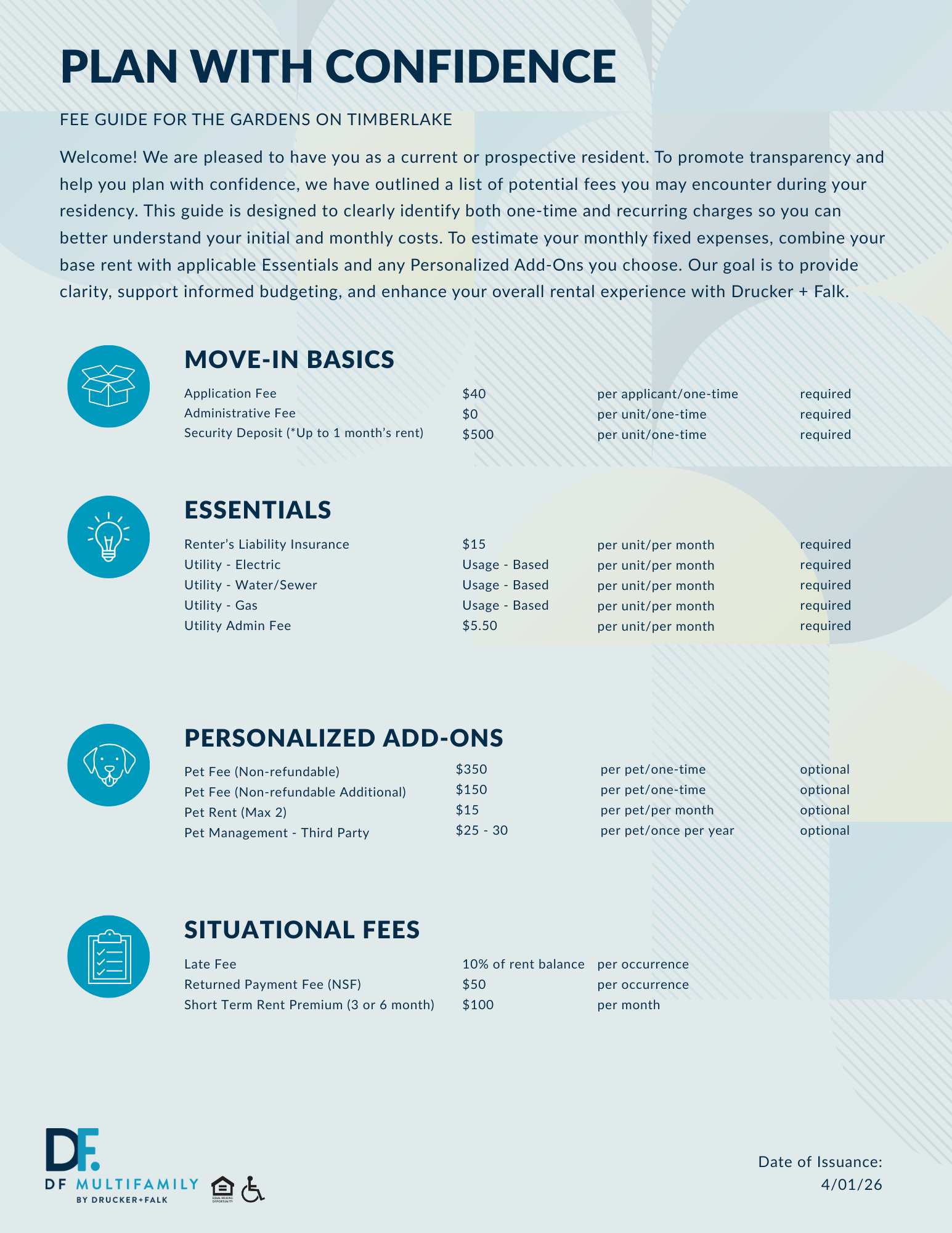 Fee Guide for The Gardens on Timberlake - Please call our leasing office for more details
